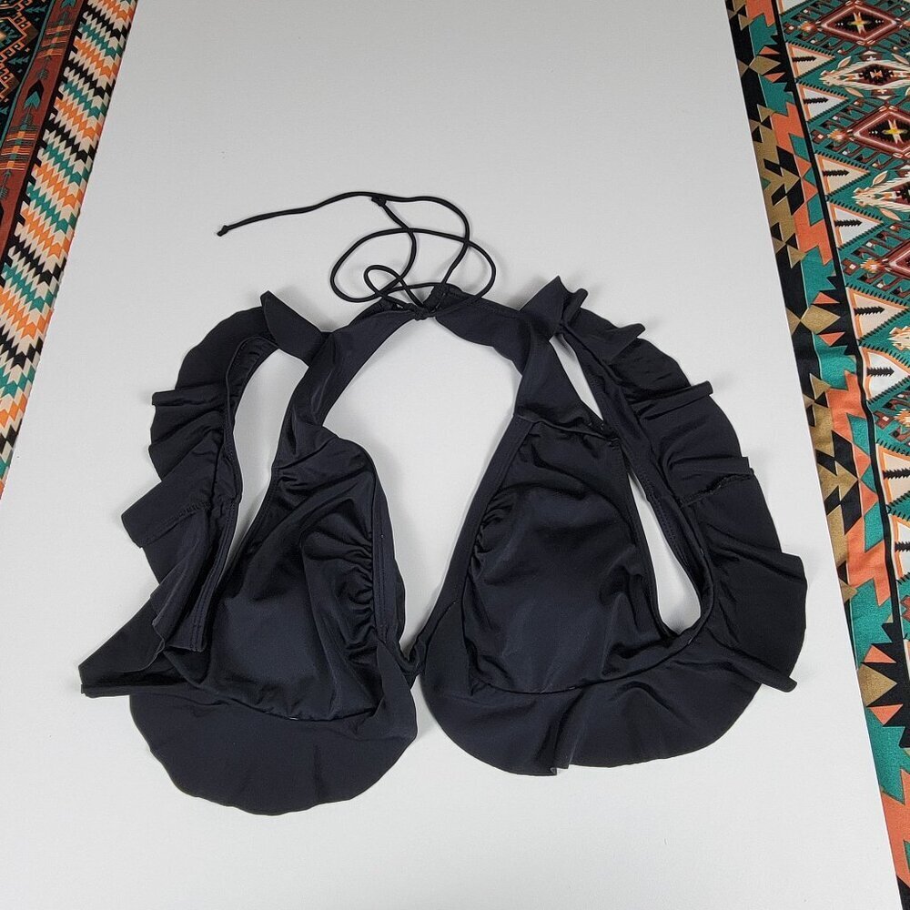 Summer Mac Swim Top Size L Black Lace Up Back  Ruffle Trim Removable Pads
